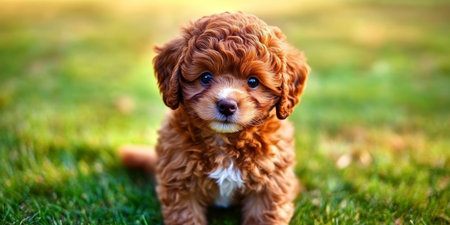 Adorable Cavoodle Puppy with Big Bright Eyes Sitting Calmly on Lush Green Grass in Natureの素材