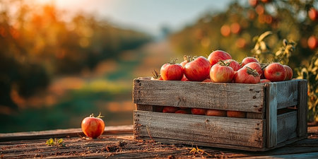 Vibrant wooden crate brimming with fresh harvested apples in a picturesque autumn orchard sceneの素材