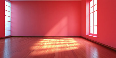 Bright Sunlight Streaming into a Modern Minimalistic Pink Interior Room with Wooden Floorsの素材