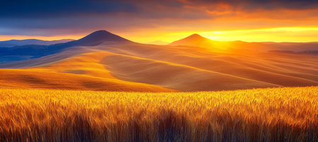 Golden wheat field at sunrise with rolling hills, beautifully showcasing nature s serene beauty.の素材