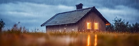Cozy Illumination in a Rustic Shelter Surrounded by Raindrops and Soft Water Reflectionsの素材