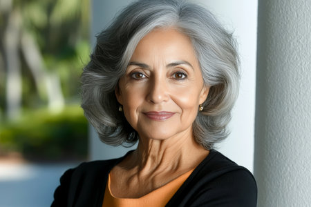 Elegant gray haired woman radiating serenity, posing in a sunlit garden for a tranquil portrait.の素材