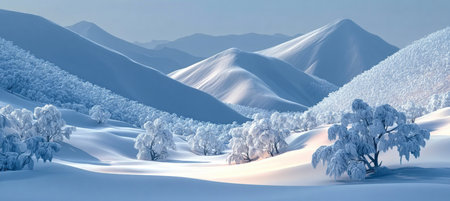 Serene winter landscape with snow-covered valleys and forests during gentle snowfall, pure beauty.の素材