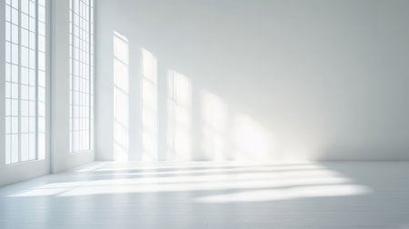 Bright Empty White Room with Natural Light and Soft Shadows, Minimalist Interior Design Spaceの素材