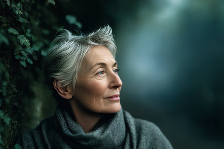 Tranquil Senior Woman with Silver Hair and Peaceful Expression, Enjoying Nature in Serene Settingの素材