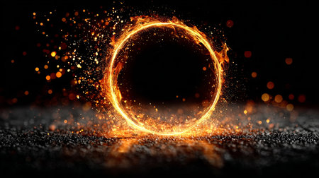 Dramatic Ring of Fire Portal with Dynamic Sparks and Dark Energy Vortex on Black Backgroundの素材