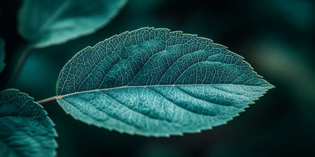 Macro Shot of a Green Leaf Highlighting Natural Design Elements on a Dark Green Backgroundの素材