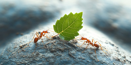 Two Ants Collaborating to Carry a Large Green Leaf, Macro Photography of Nature s Teamwork Skillsの素材