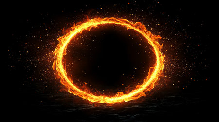 Fiery Annulus A Blazing Circle Frame Surrounded by Turbulent Flames and Glowing Particles in Space.の素材
