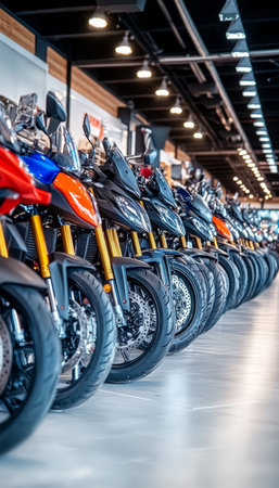 Showroom Full of Modern Motorcycles for Sale, Variety of Colors and Styles, Perfect for Enthusiastsの素材
