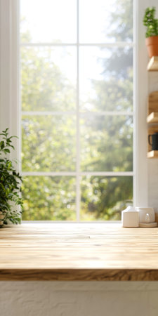 A Beautiful Wooden Countertop Displaying Sunlit Summer Foliage from a Cozy Minimalist Interiorの素材