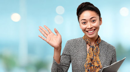 Smiling ethnic corporate representative warmly welcoming guests with charm and elegance.の素材