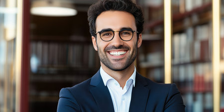 Confident and Professional Businessman in Suit Smiling Sincerely in Modern Office Environmentの素材
