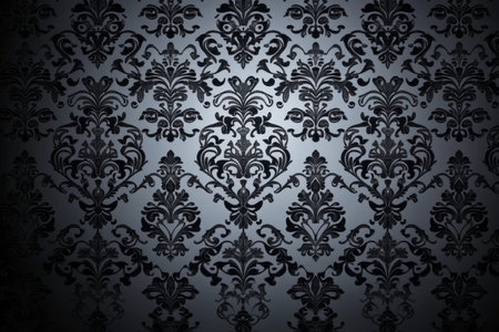 Elegant Vintage Gothic Damask Wallpaper with Textured Fabric Design and Black Patterned Shapesの素材