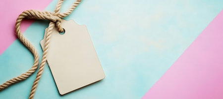 Elegant beige paper tag mockup with a delicate rope tie on a pastel gradient background, copy spaceの素材