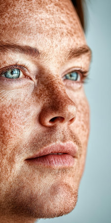 Close Up Portrait of a Man with Freckles and Clear Skin Showing a Calm and Relaxed Expressionの素材