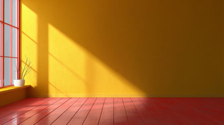 Empty yellow room with red hardwood floors, sunlit window, minimalist design, and space for copy.の素材