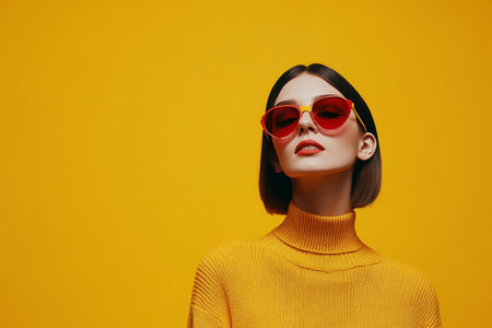 Stylish woman in heart-shaped sunglasses and yellow turtleneck against a bright yellow backdrop.の素材