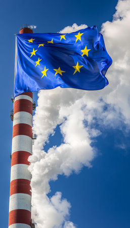 European Union Flag Waving Over Industrial Smokestack Emitting Smoke, Environmental Policy Themeの素材