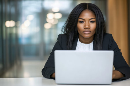 Focused African Businesswoman Using Laptop, Symbolizing Professionalism and Productivity in Officeの素材