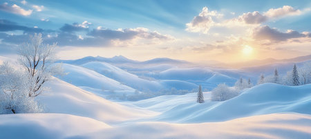 Tranquil Winter Landscape with Rolling Snowy Hills and Soft Light, Capturing the Essence of Serenityの素材