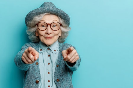 Cheerful elderly woman beckoning viewers with a joyful smile, inviting positivity and warmth.の素材