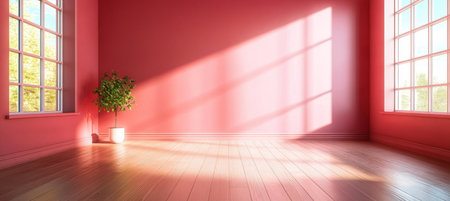 Warm Sunlight Illuminating an Empty Pink Room with a Potted Plant, Minimalist Interior Designの素材