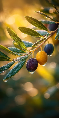 Sunlit Olive Branches Adorned with Lush Fruits A Beautiful Still Life of Nature and Harvestingの素材