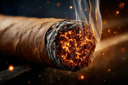 Close-Up of Burning Cigar with Glowing Embers and Wisps of Smoke, Luxurious Tobacco Still Lifeの素材