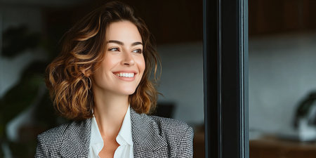 Confident and Cheerful Professional Woman in Checkered Jacket Posing with Friendly Gesture at Workの素材