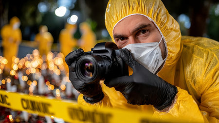 Meticulous Detective Documenting Grim Crime Scene Evidence with Precision in Hazardous Conditionsの素材