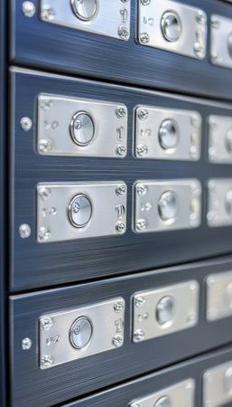 Rows of Secure Metallic Deposit Compartments in a Modern Storage Facility for Financial Safetyの素材