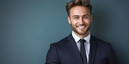 Confident young businessman in black suit exudes leadership success and authentic happiness.の素材