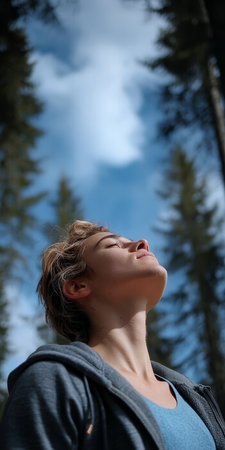 Young woman enjoying the beauty of nature, breathing fresh air in a serene summer park setting.の素材