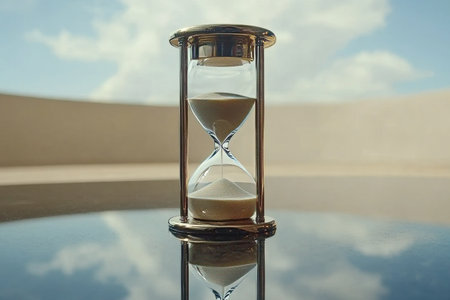 Hourglass Timer Reflecting in a Peaceful Sunny Sky, Symbolizing the Passage of Time and Serenity.の素材