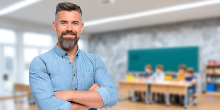 Male Educator Engaging with Students in a Blurred Classroom Setting, Inspiring Future Generationsの素材