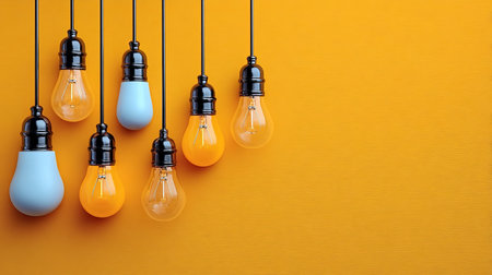 Vibrant Light Bulbs Creating a Creative Lighting Arrangement on a Yellow Wall Backgroundの素材