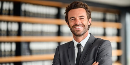 Confident Business Professional Smiling in Modern Office Setting, Exuding Charm and Positivityの素材