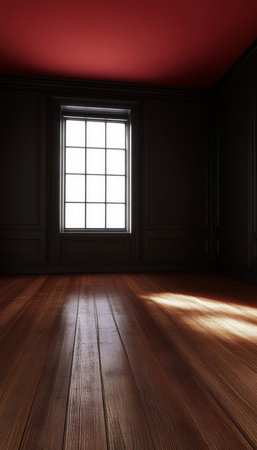 A Minimalist Room Interior with Dark Walls and Wooden Floors, Enhanced by Natural Light Streaming Inの素材
