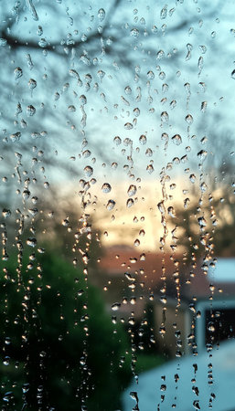 A Rainy Day Dreaminess Glass Tears and Wet Window Art Creating Urban Nature s Subtle Light Showの素材