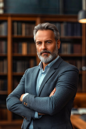 Confident middle-aged professional in modern office with bookshelf background, exuding wisdom.の素材