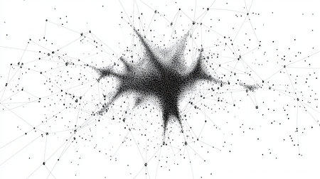 Conceptual illustration of a neuron with connections in a modern black pattern for neuroscience use.の素材