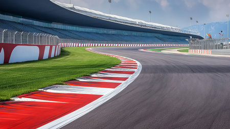 View of High Performance Asphalt Circuit at Popular Motorsports Venue with Bright Trackの素材