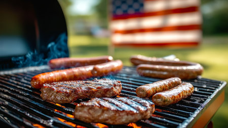 Festive Barbecue Feast Under the American Flag Grilled Delights for Summer Independence Day Cookoutの素材