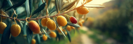 Close View of Ripe Olives Hanging on Branches Showcasing the Beauty of Mediterranean Agricultureの素材