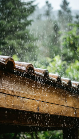 Serene Rainy Day Atmosphere with Raindrops Gently Falling on a Rustic Roof Creating Tranquilityの素材