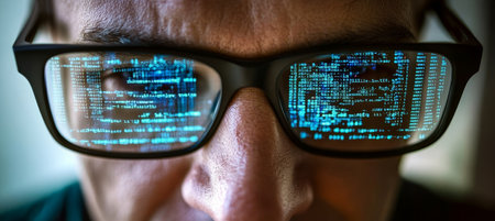 Man in Glasses Intently Staring at Computer Screen Filled with Code and Data Visualizationsの素材