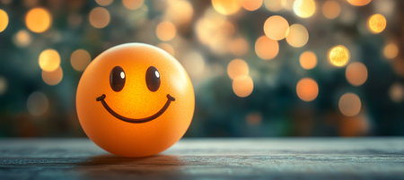 A cheerful smiling face emoji on a vibrant bokeh background, radiating joy and positivity.の素材