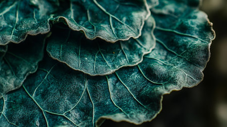 Close Up View of Intricate Green Patterned Surface of Kale Leaf with Detailed Venation and Ridgesの素材