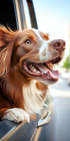 A Happy Golden Retriever Dog Enjoying a Car Ride with Its Ears Flapping in the Wind on a Sunny Dayの素材